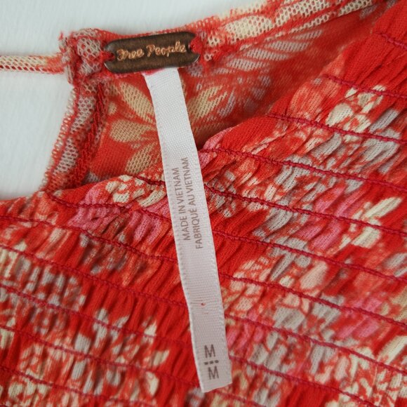 Free People Up For Anything Top Red Mesh Floral Smocked Statement Sleeve Size M - Picture 7 of 10